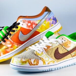 Vibrant Nike SB Dunk Low sneakers with artistic design and vivid colors.