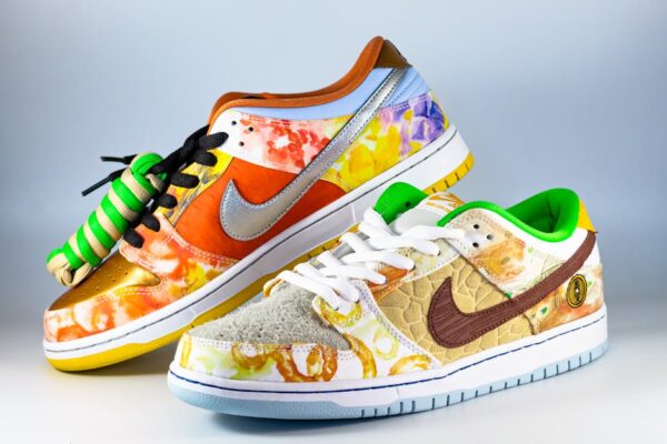 Vibrant Nike SB Dunk Low sneakers with artistic design and vivid colors.